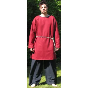 mittelalterliche Tunika mittellang aus Schafwollfilz mit Rundkragen rot - Frontansicht