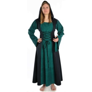 Mittelalter Kleid mit Gugel-Kapuze grün-schwarz - Frontansicht