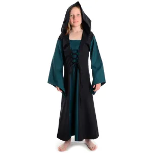 Mittelalter Kinderkleid mit Gugel Kapuze in grün-schwarz - Frontansicht